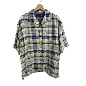 Nat Nast‎ Luxury Originals Shirt Multicolor Plaid print Men Sz L Linen V-neck